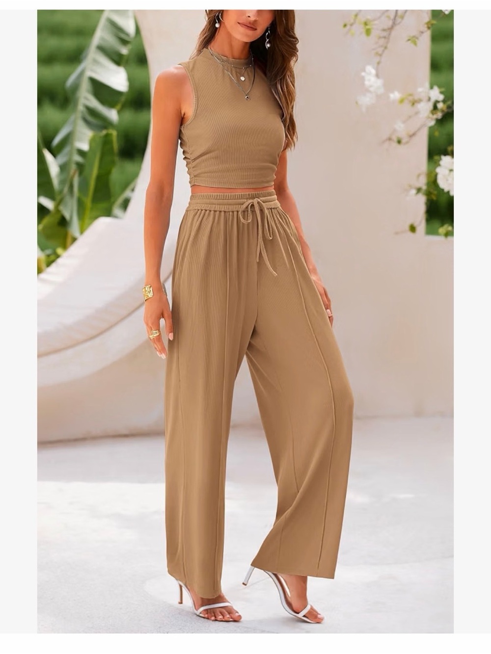 Women's Wide Leg Drawstring Pants in Tan with matching tank knit set oatmeal M